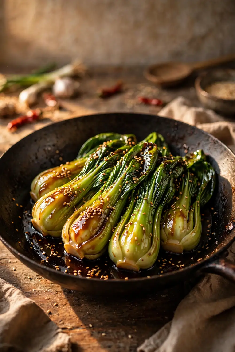 Bok choy with sesame soy glaze in a pan