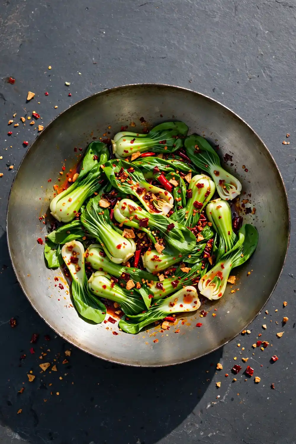 Bok choy tossed with chili crisp in a wok