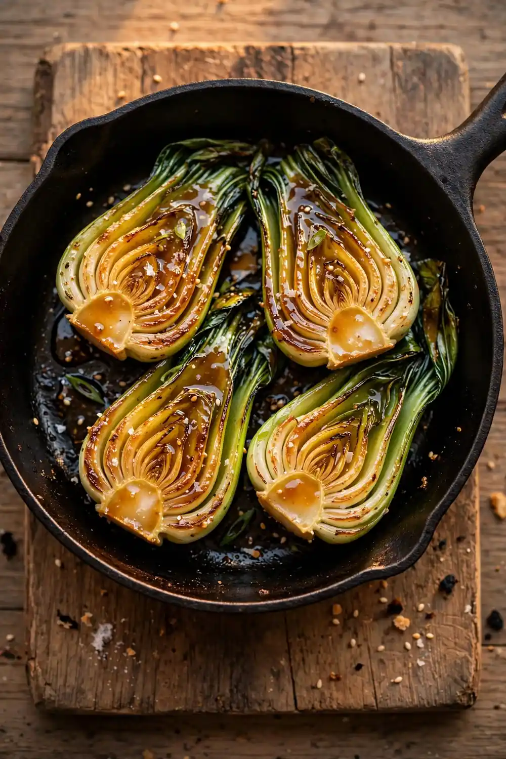 Charred bok choy with honey miso glaze