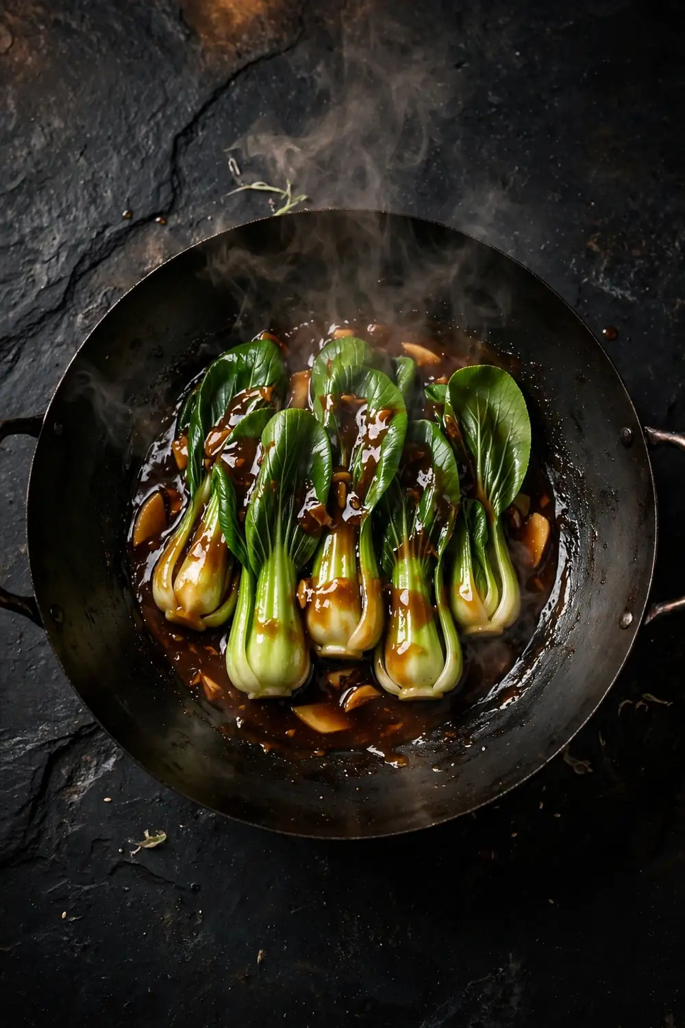 Bok choy in oyster sauce in a wok