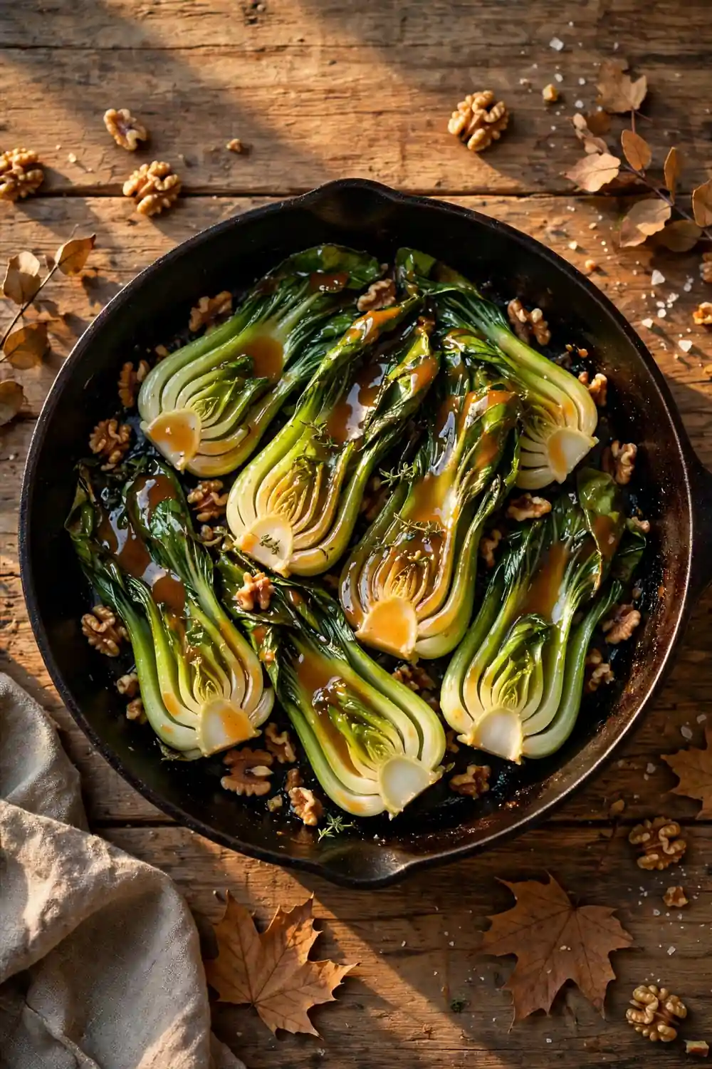 Bok choy with maple Dijon glaze in a pan