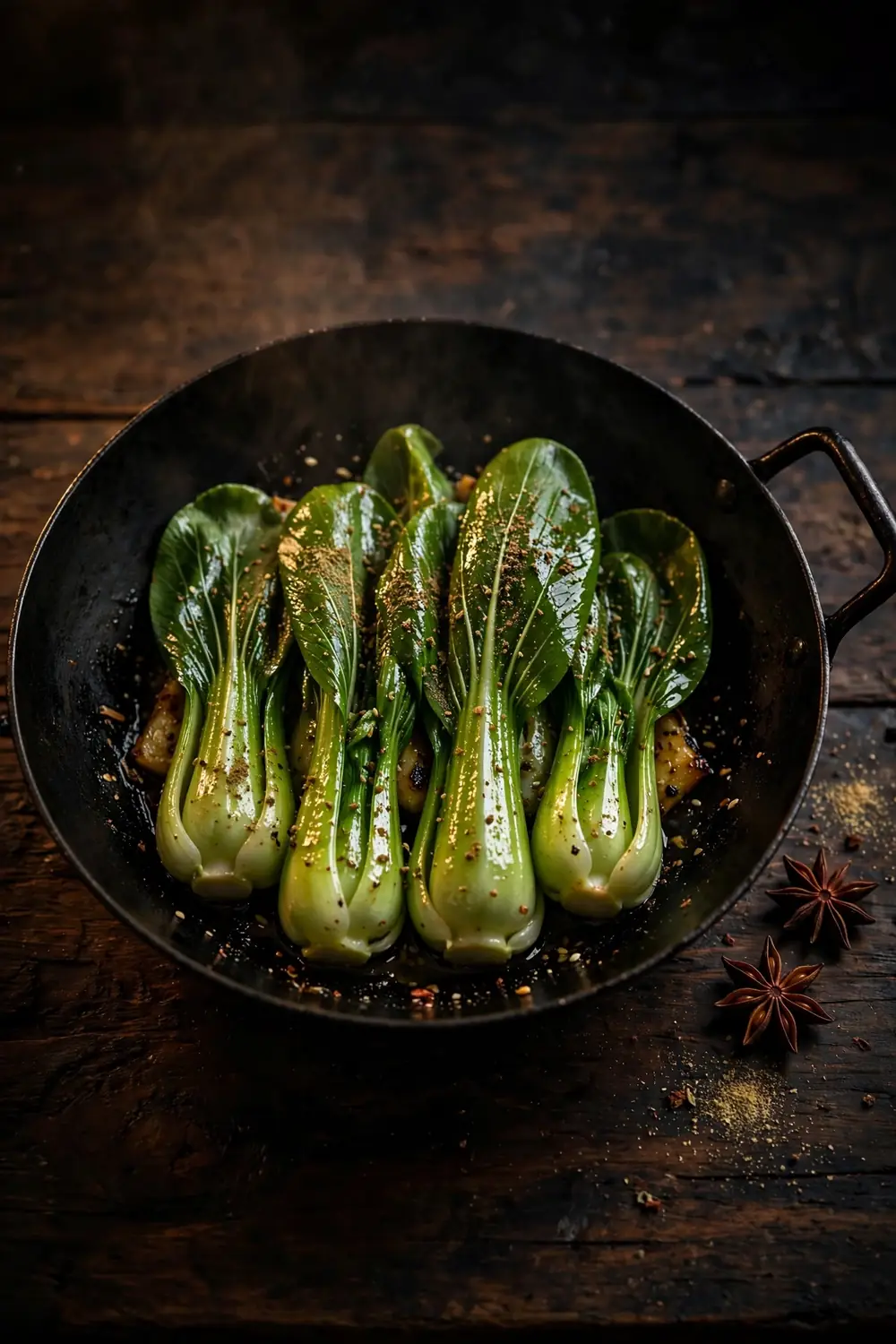 Bok choy with five spice in a wok