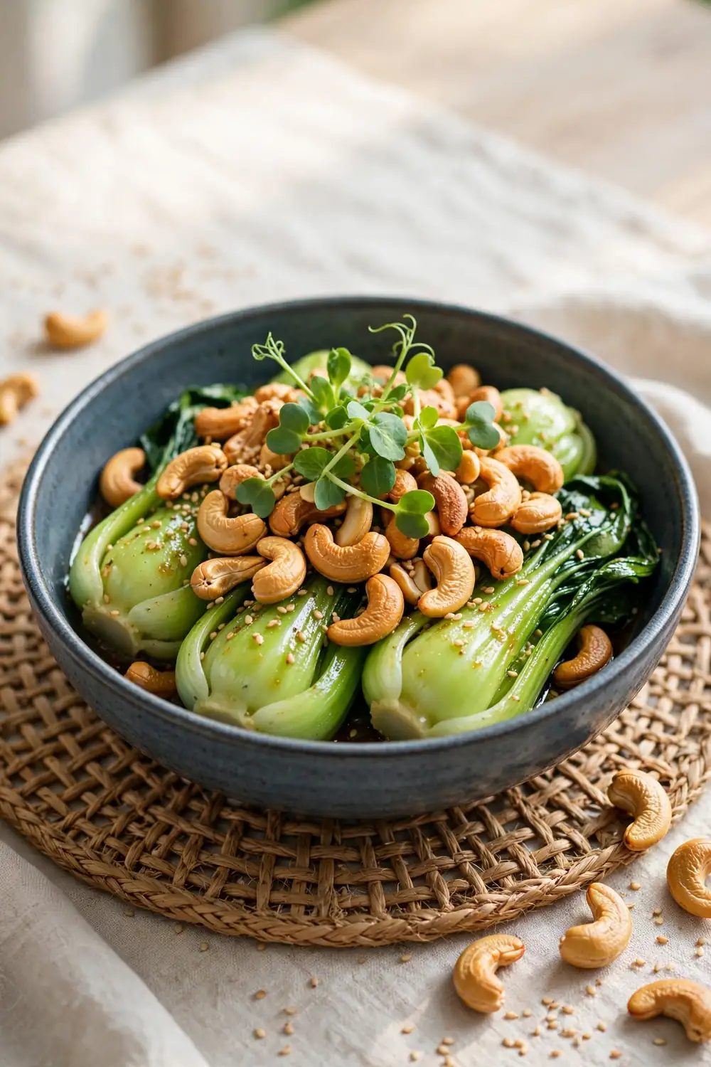 Bok choy bowl topped with cashews