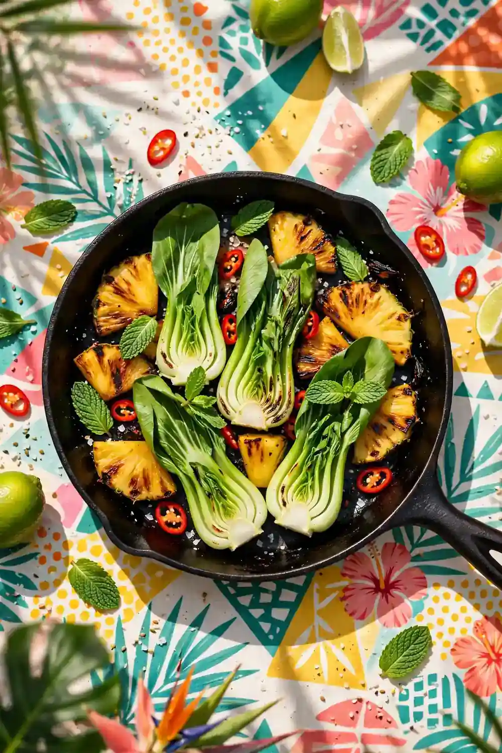 Bok choy with pineapple and chili in a skillet