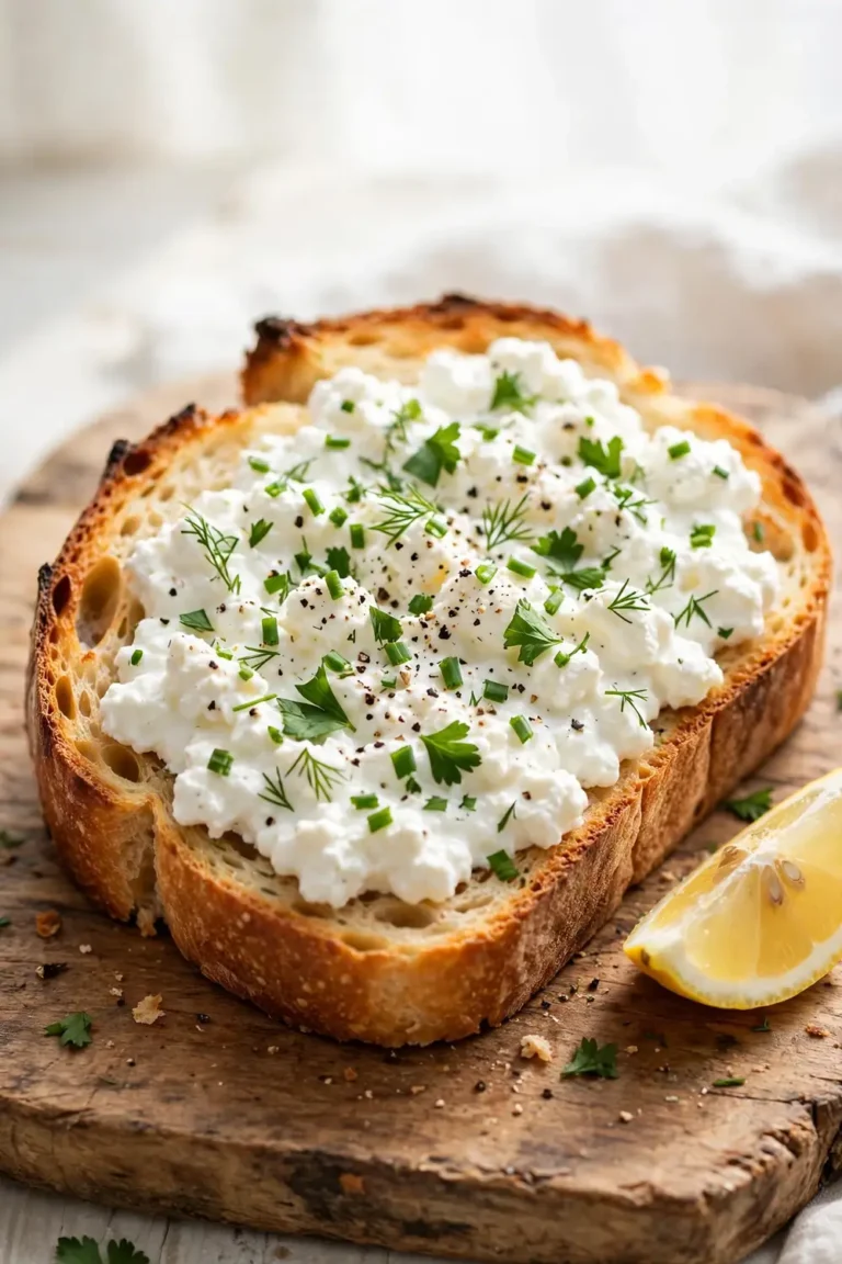 Cottage cheese toast with fresh herbs, chives and cracked pepper on thick golden toast