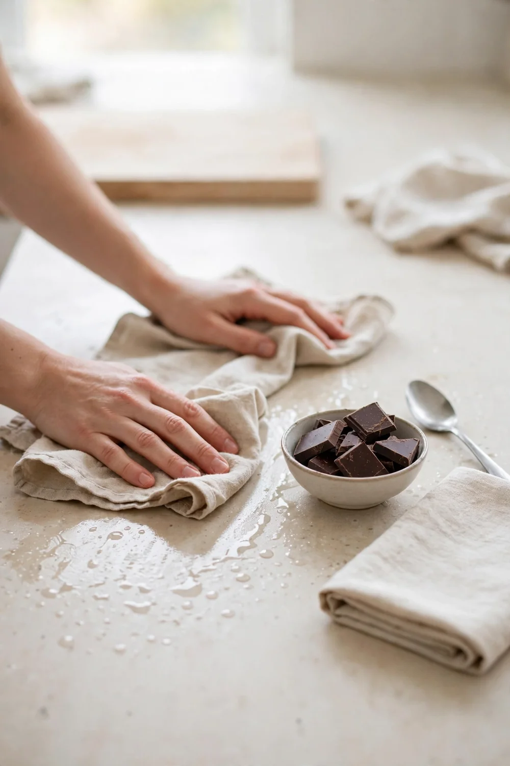 Hands wiping a wet counter dry beside a bowl of chocolate