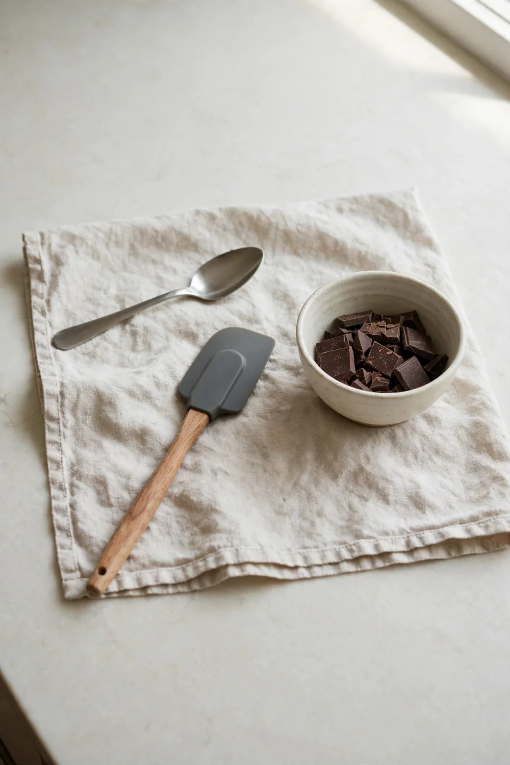 Dry spoon and spatula laid on a clean towel beside chocolate