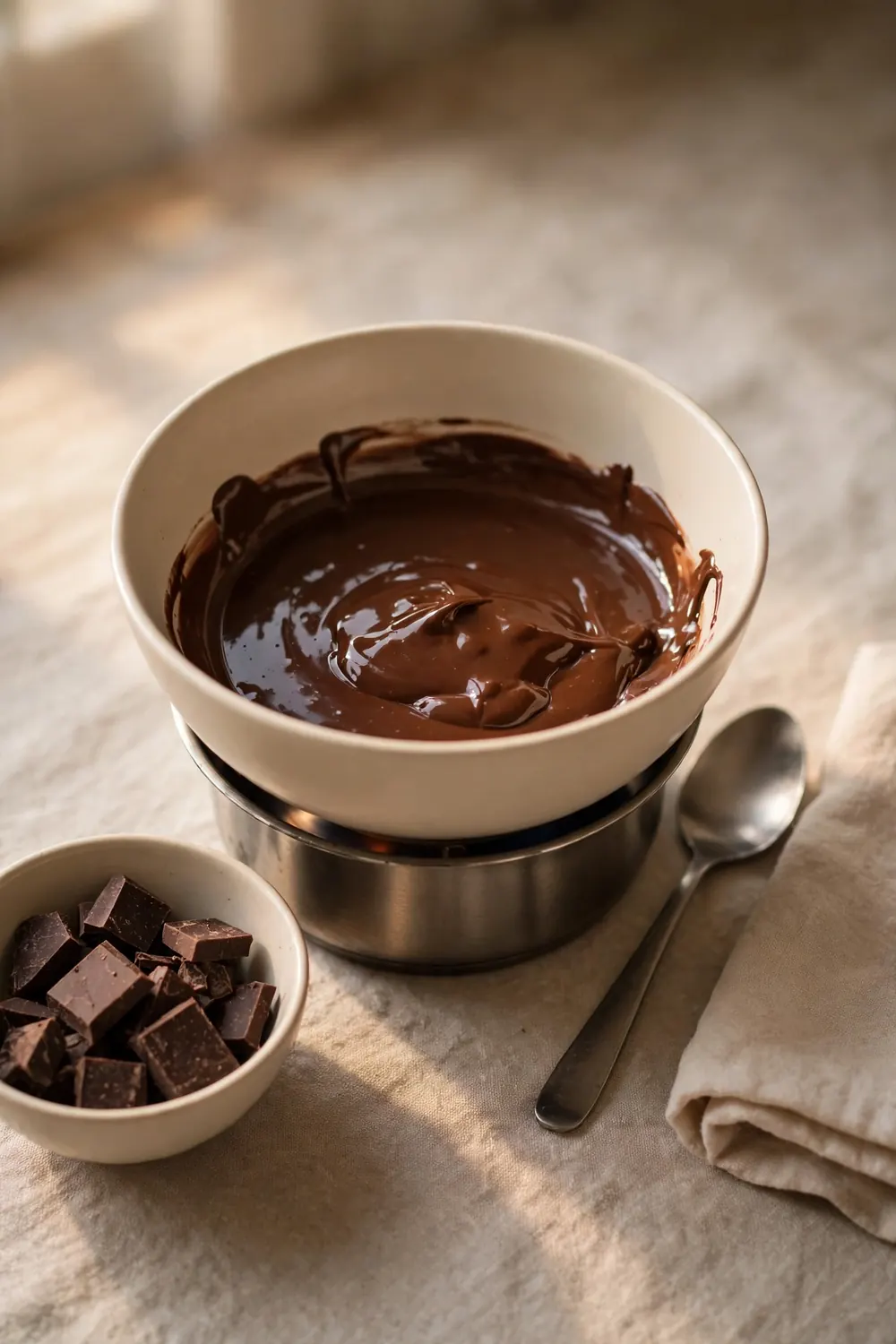 Chocolate melting slowly in a bowl over low heat