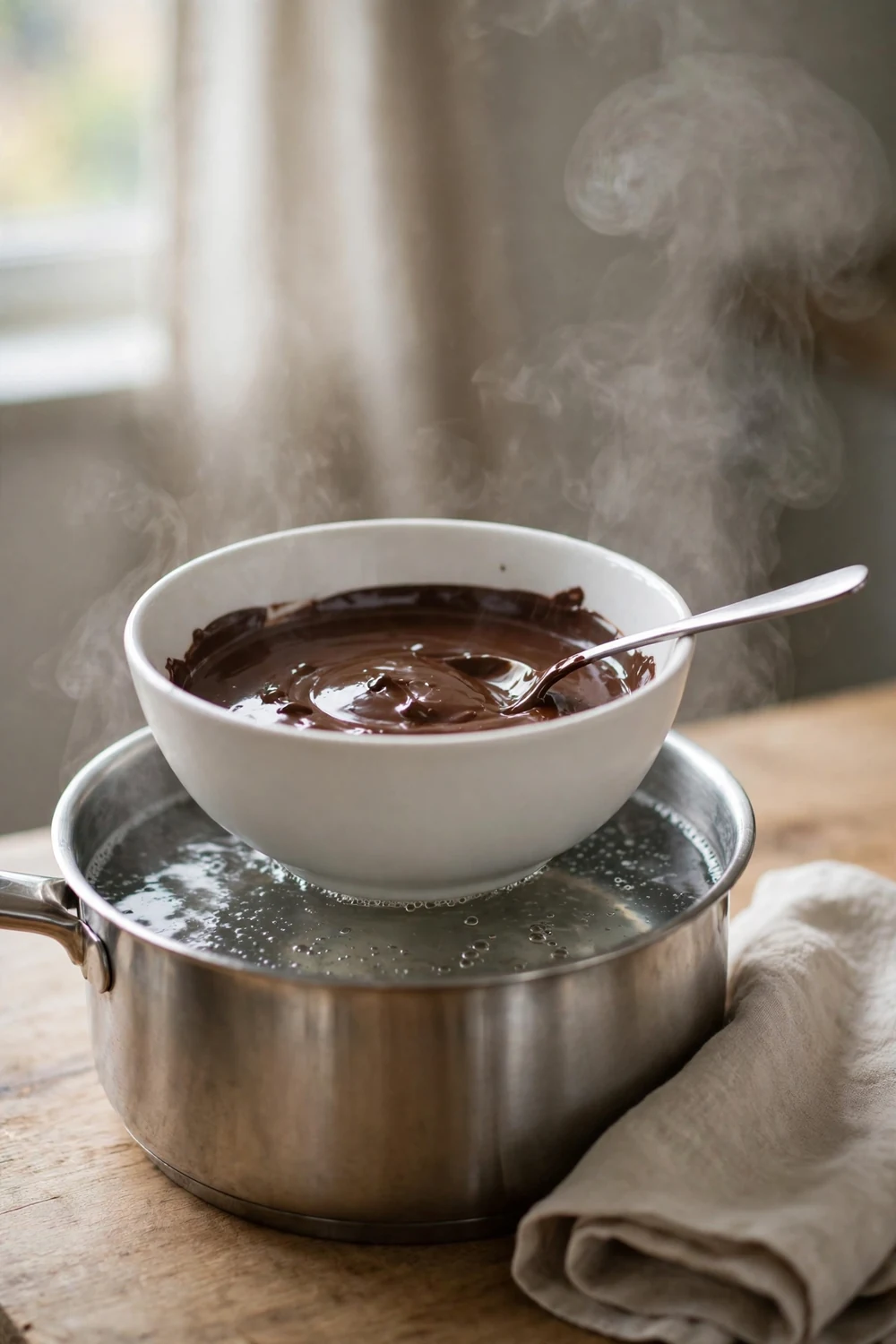 Bowl of chocolate melting over a pot of simmering water