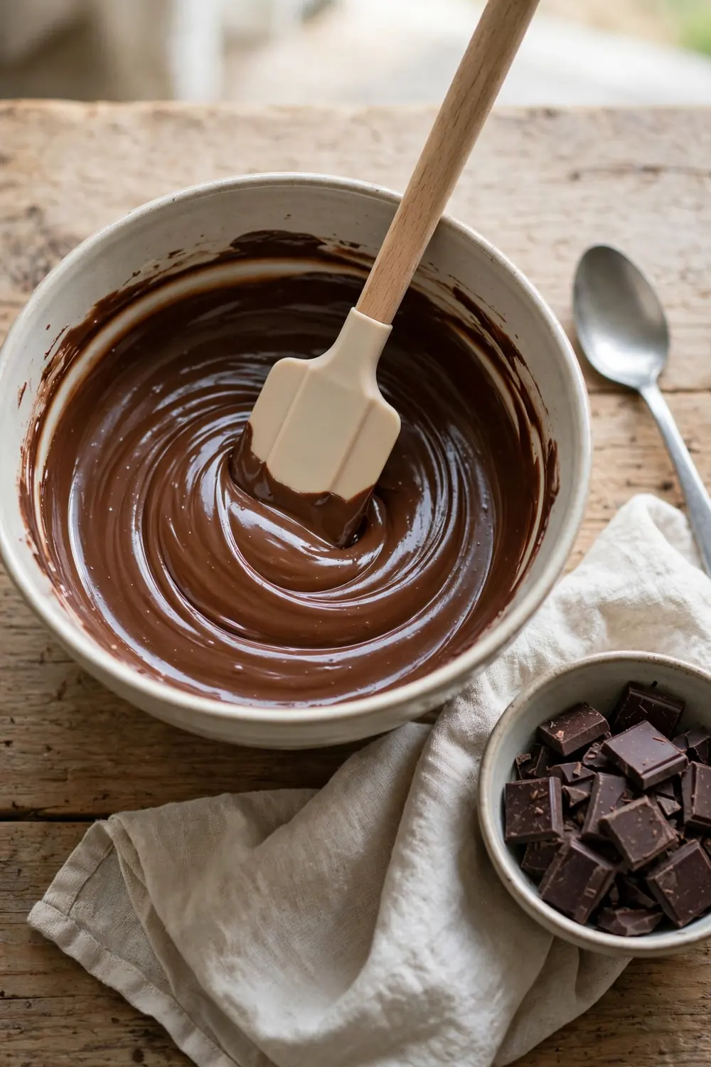 Spatula stirring melted chocolate slow in a bowl