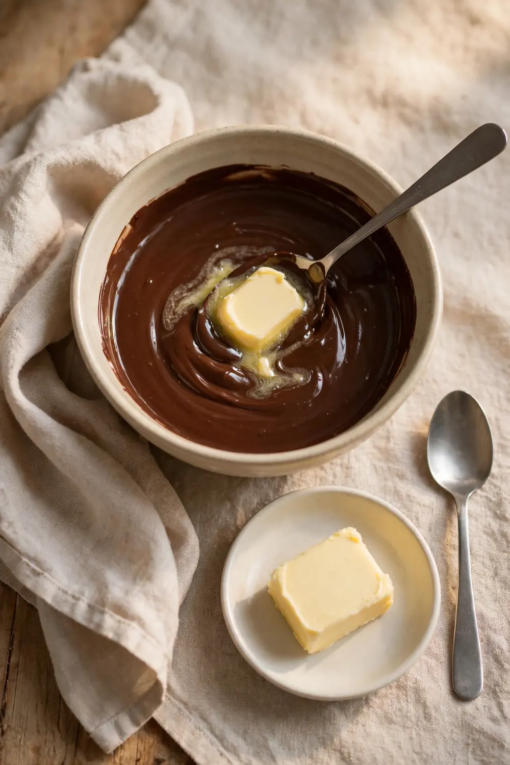 Spoon of butter melting into smooth chocolate