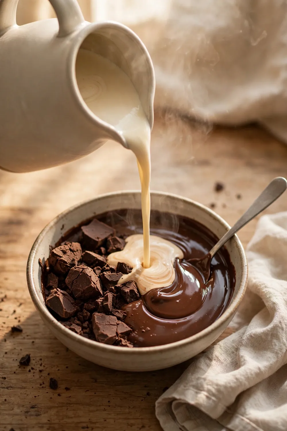 Pouring hot cream into stiff grainy chocolate to rescue it