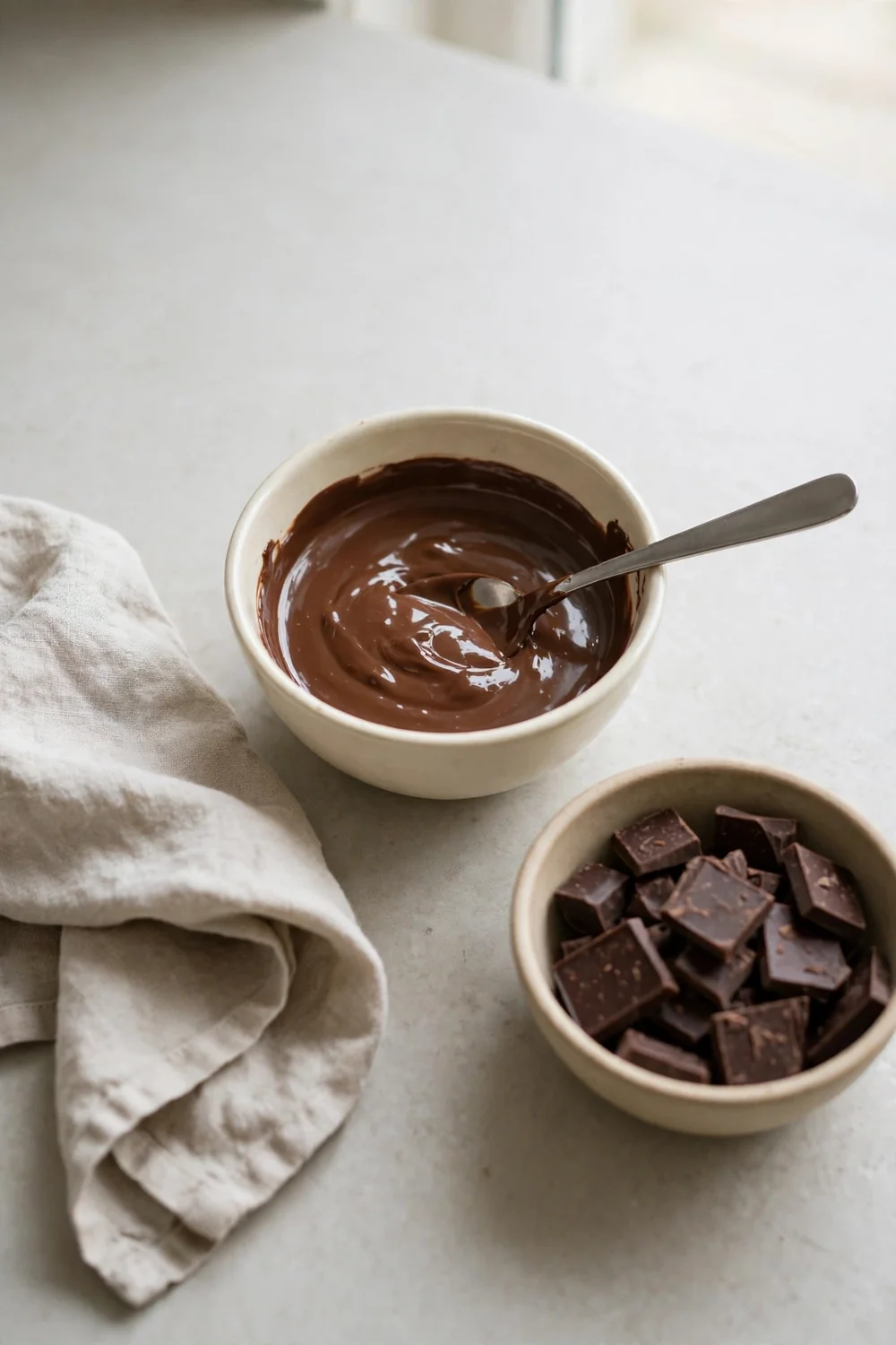 Small test bowl of melted chocolate with a spoon