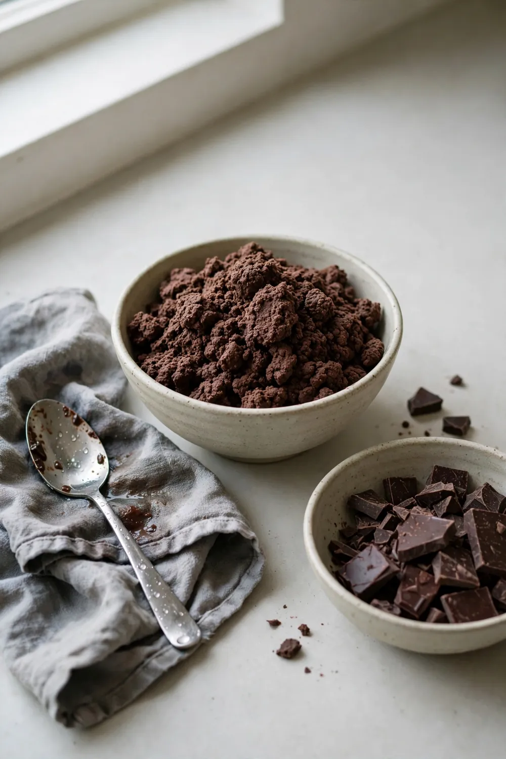 Bowl of stiff grainy chocolate beside a damp towel and wet spoon