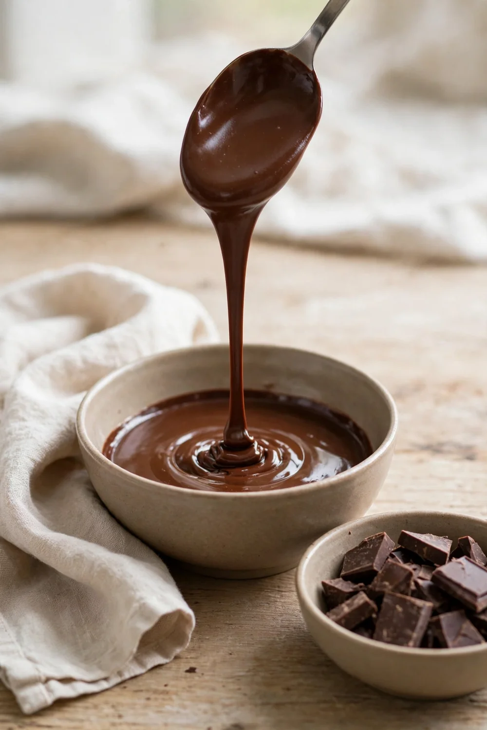 Smooth glossy melted chocolate pouring from a spoon