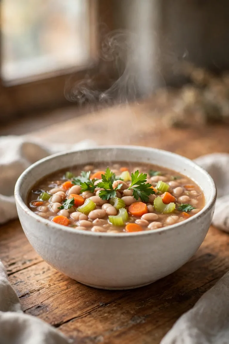 Creamy navy bean soup in a rustic ceramic bowl