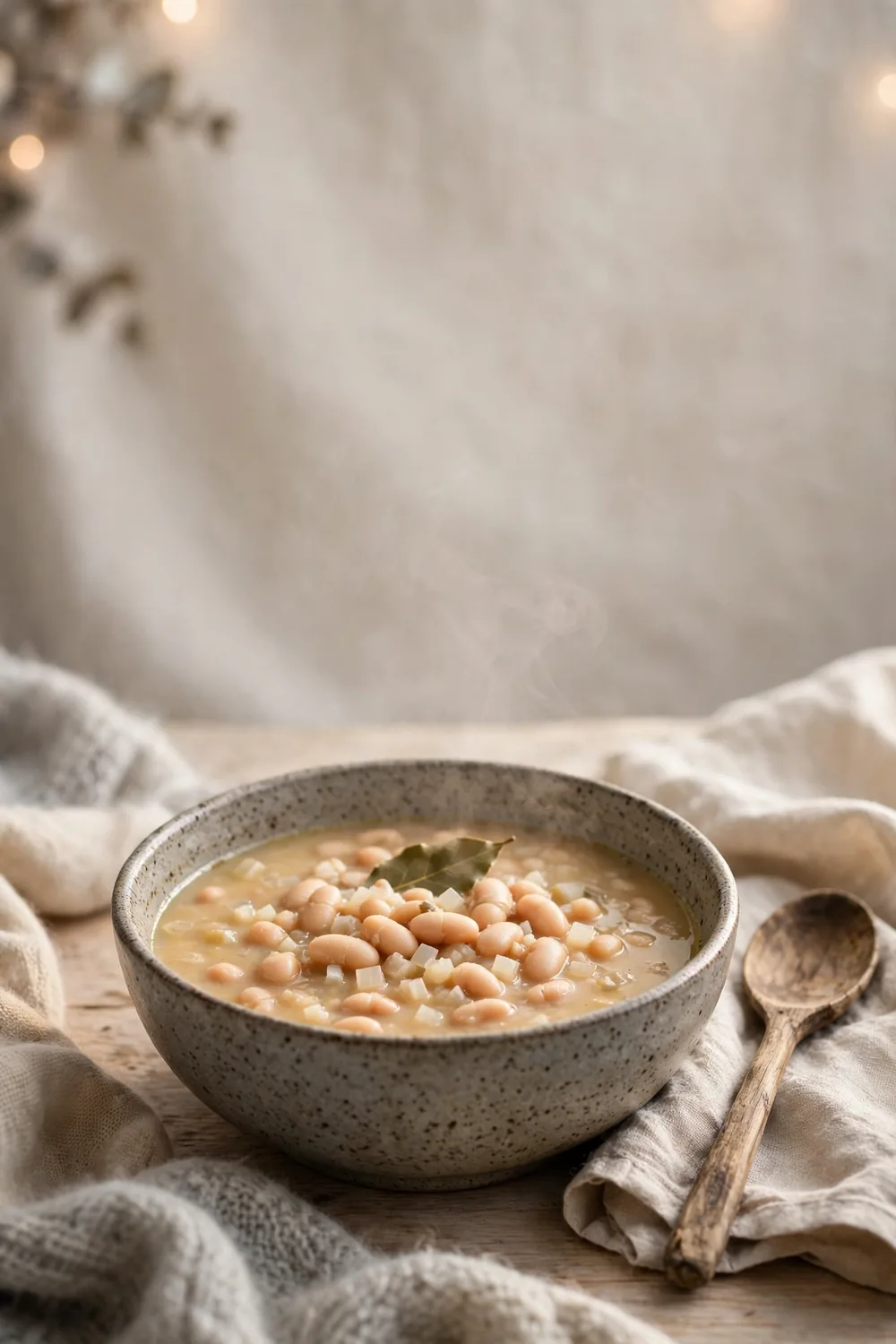 Slow simmered bean soup in a speckled stoneware bowl