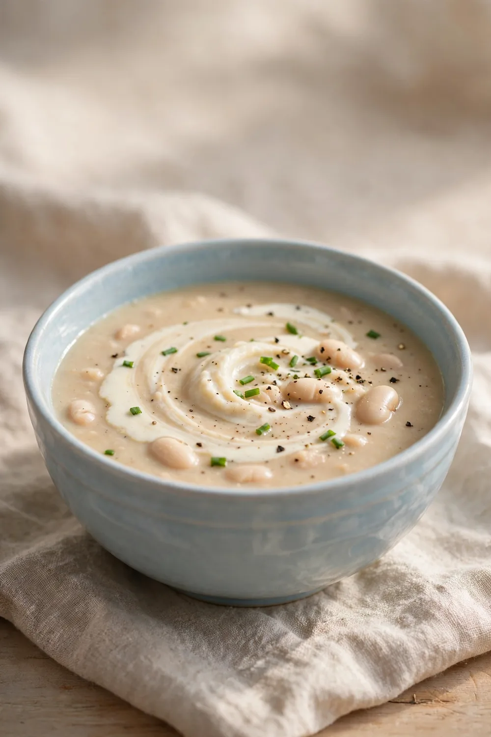 Creamy mashed bean soup in a light blue bowl
