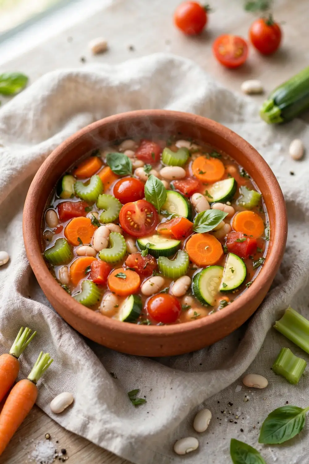 Vegetable loaded bean soup in a terracotta bowl