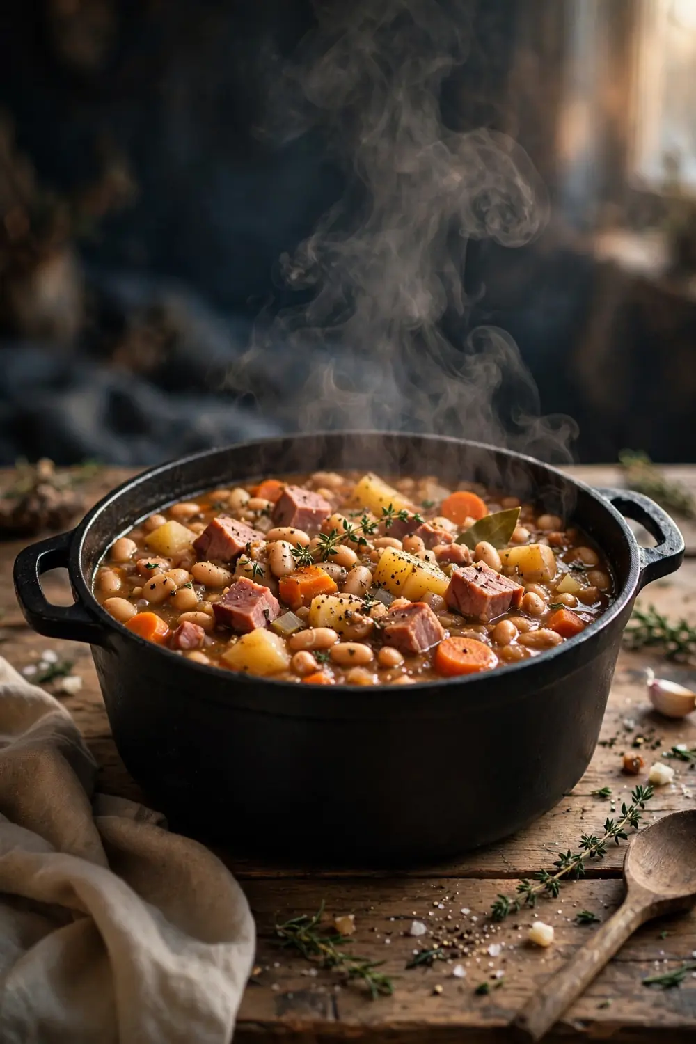Hearty winter bean stew in a black Dutch oven