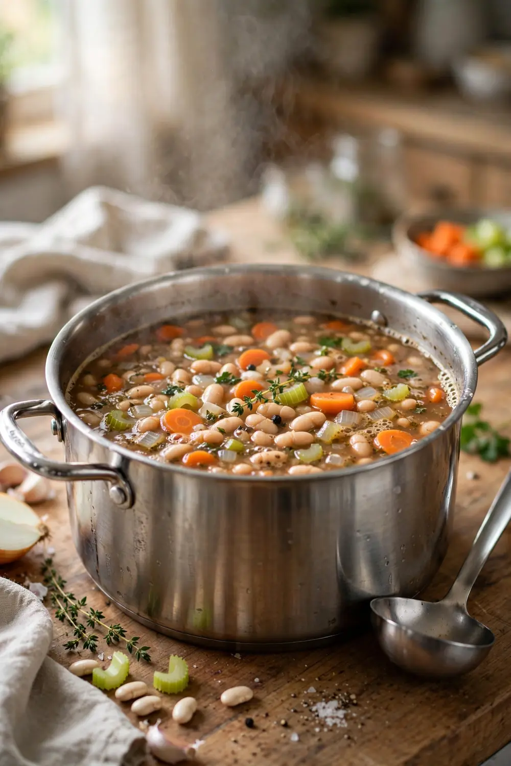 One pot bean dinner simmering in a large steel pot