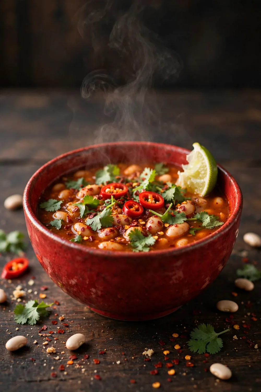 Spicy bean soup in a red ceramic bowl