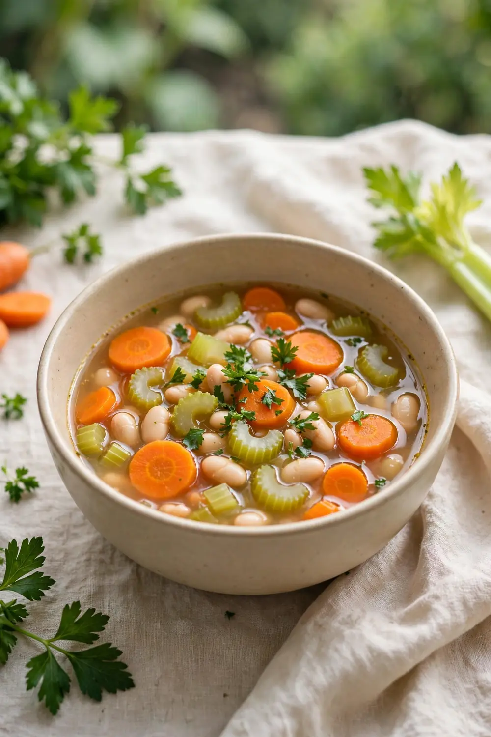 Carrot celery bean soup in a beige ceramic bowl