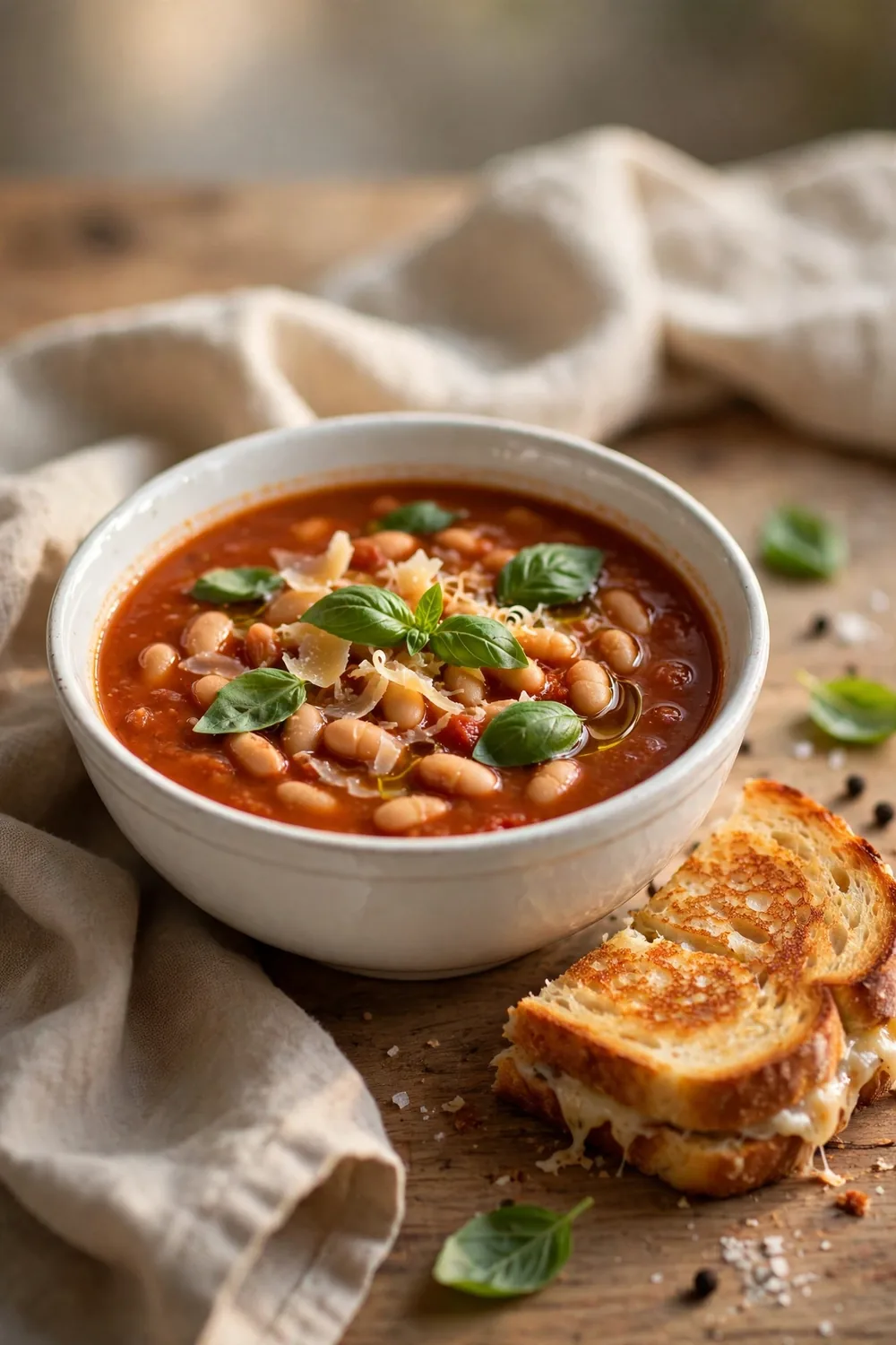 Tomato bean soup in a white bowl with basil