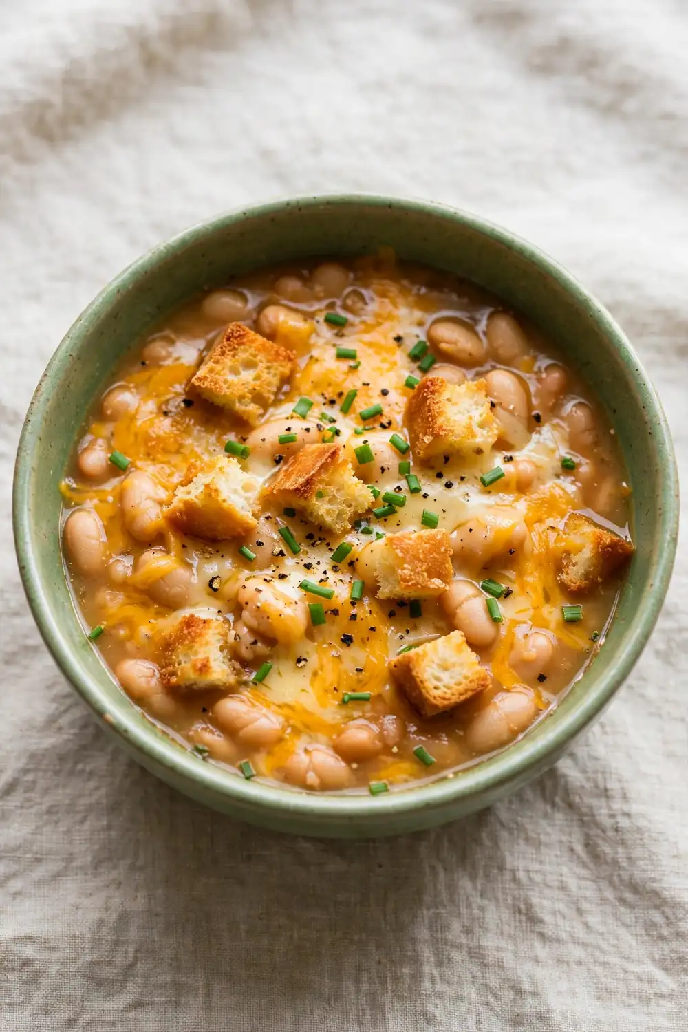 Cheesy bean soup in a green ceramic bowl
