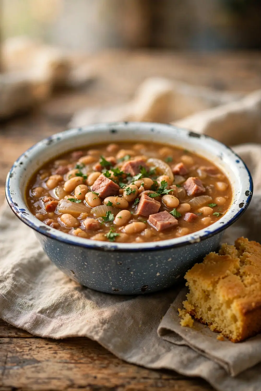 Old fashioned bean soup in a vintage enamel bowl