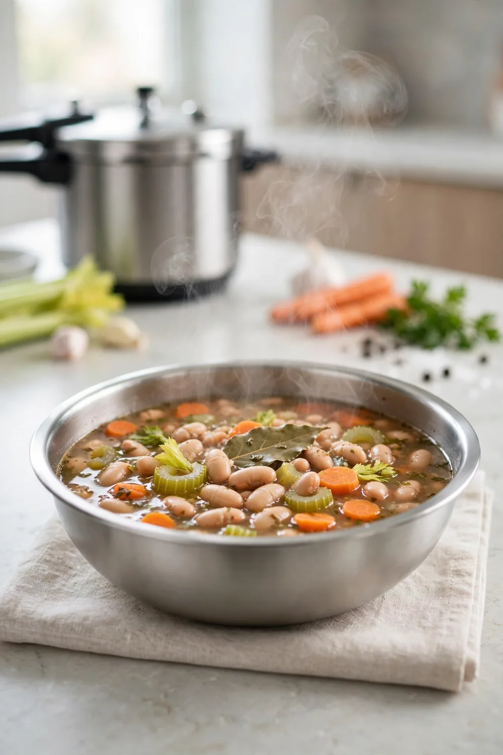 Pressure cooker bean soup in a modern steel bowl