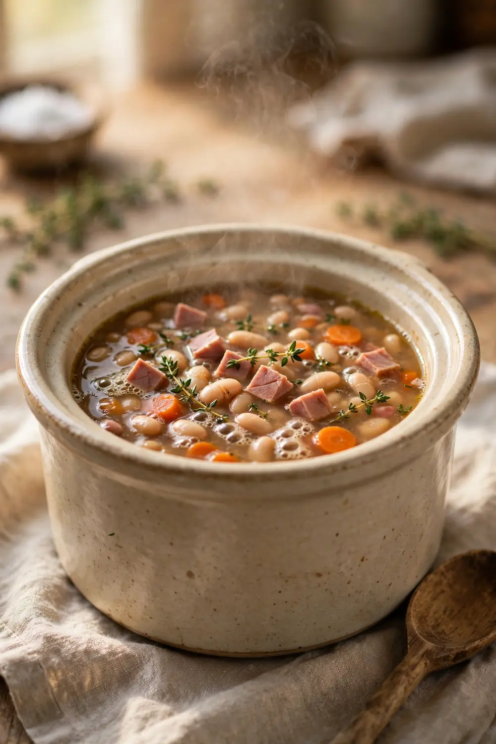 Slow cooker bean soup in a ceramic crock