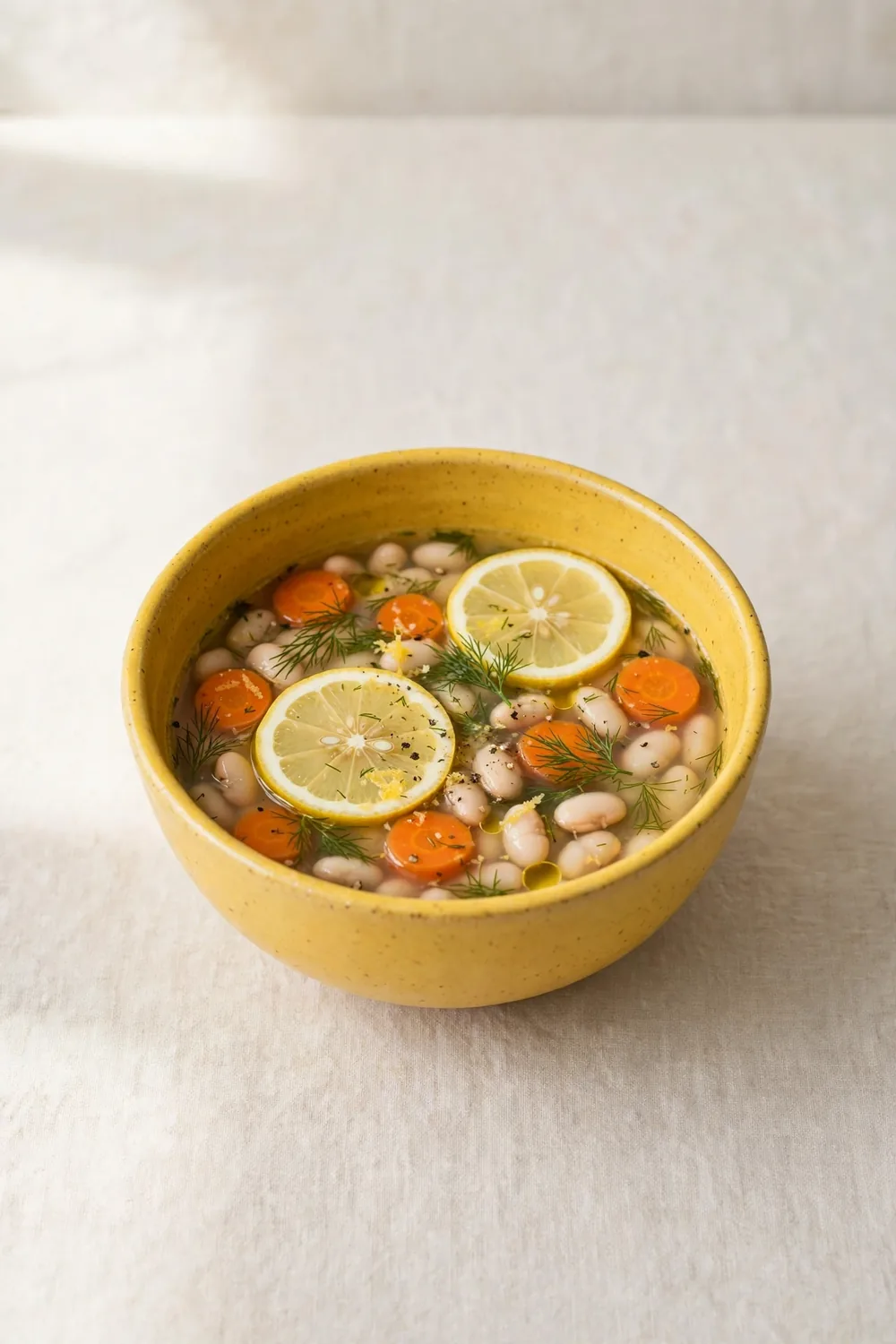 Lemon herb bean soup in a yellow ceramic bowl