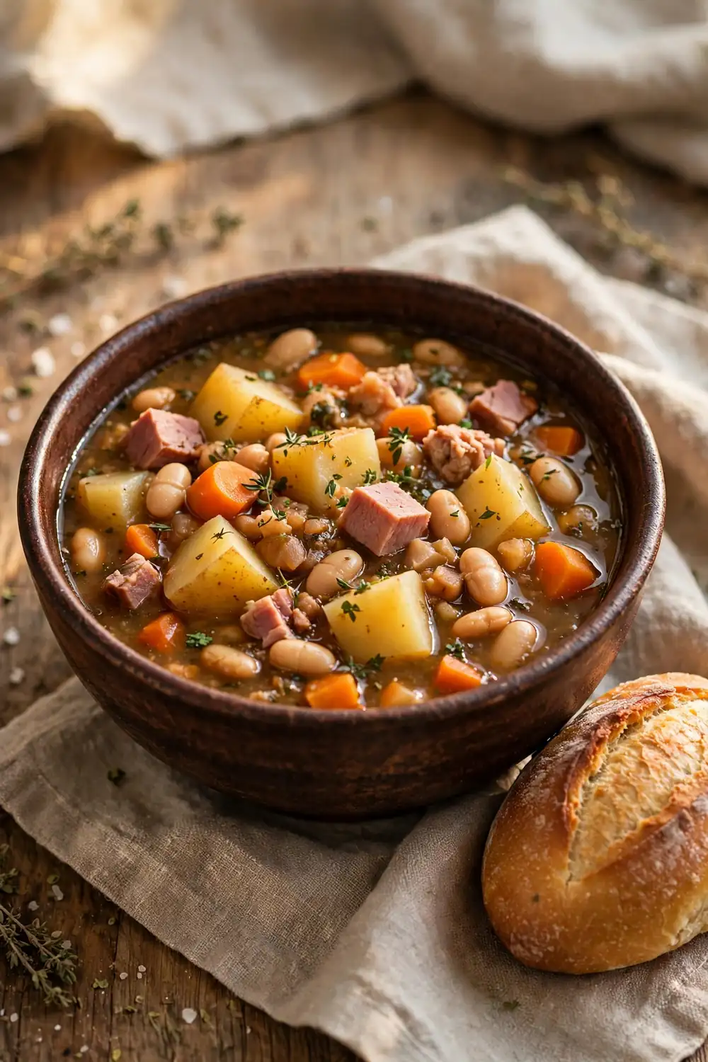 Chunky hearty bean soup in a deep brown bowl