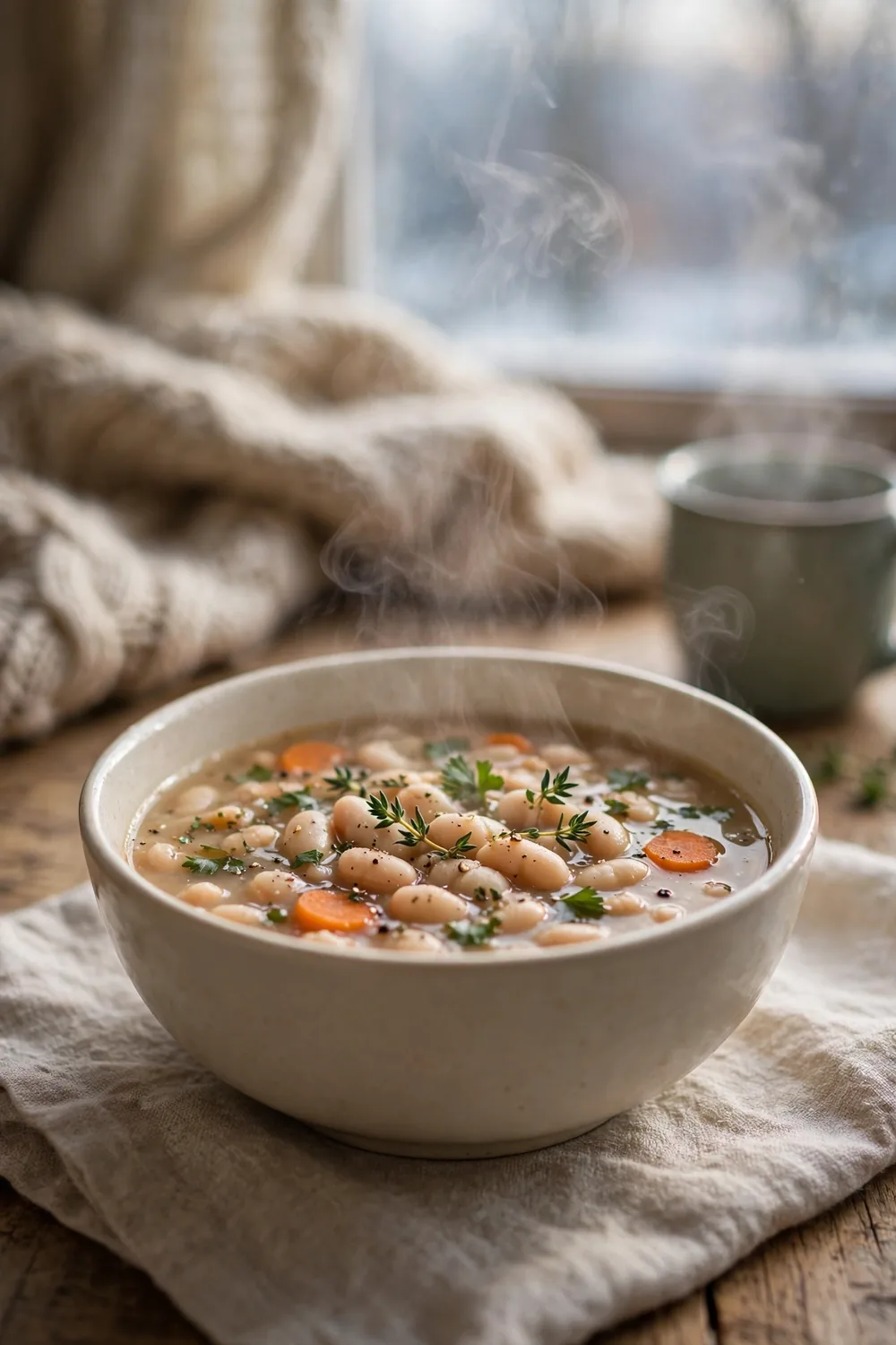 Cozy chilly day bean soup in a cream bowl