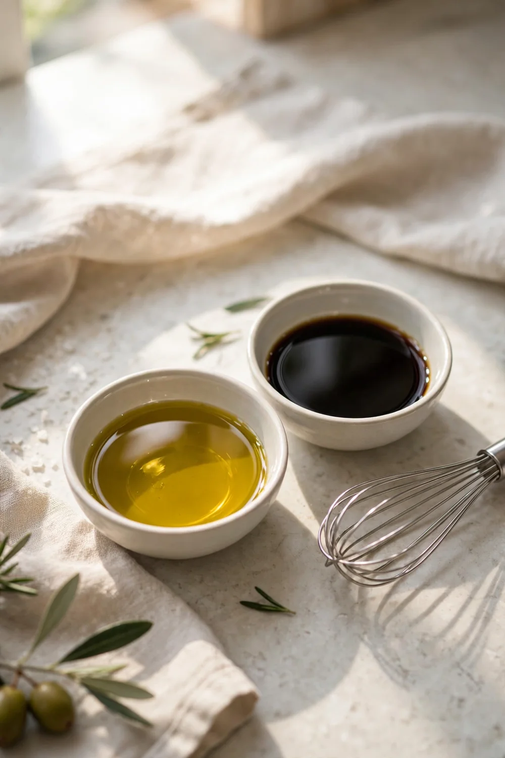 Olive oil and vinegar measured in small bowls on a kitchen counter