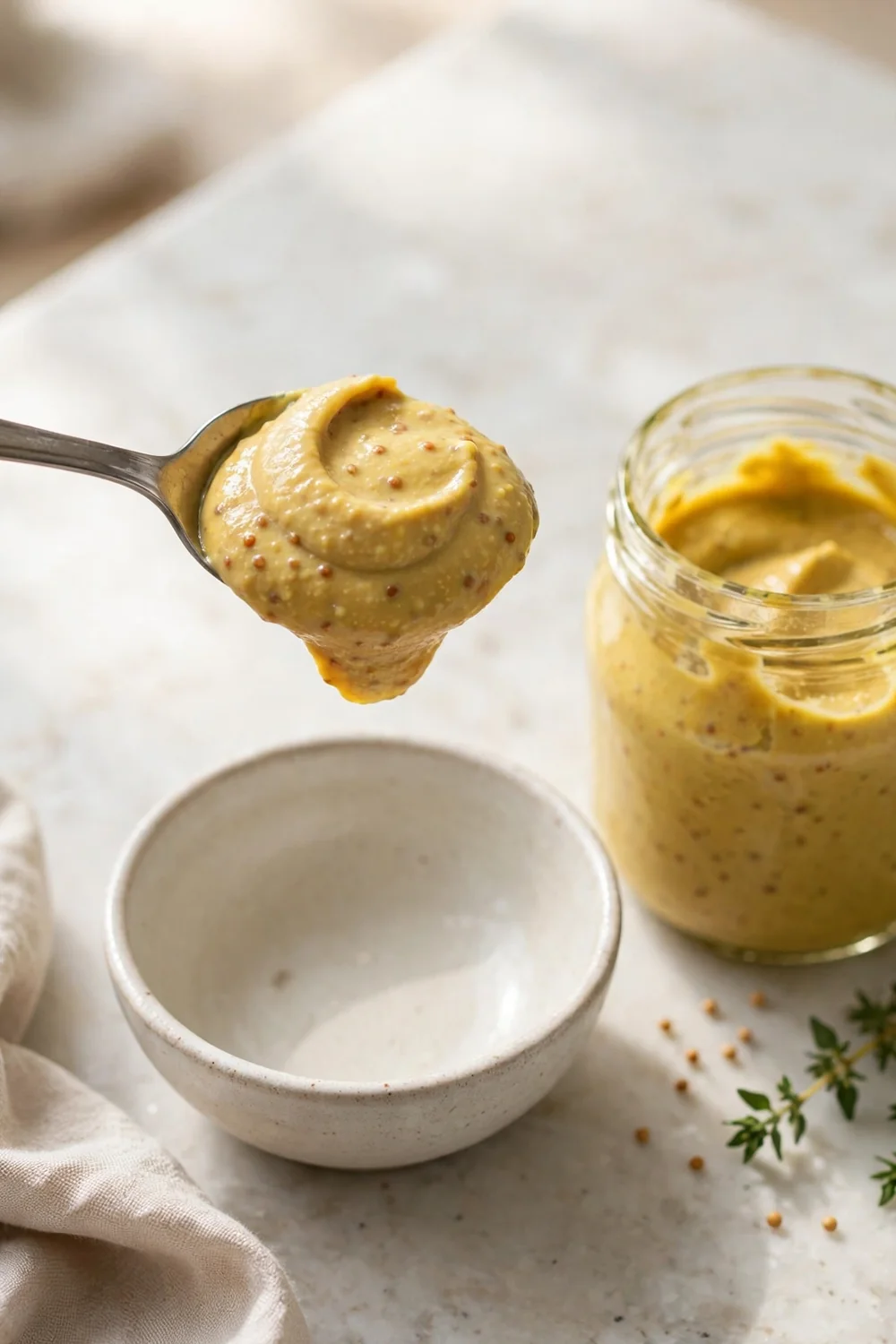 Spoon of Dijon mustard in a small bowl ready for whisking