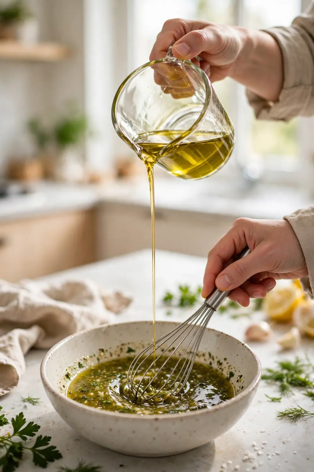 Thin stream of olive oil poured into a bowl while whisking dressing