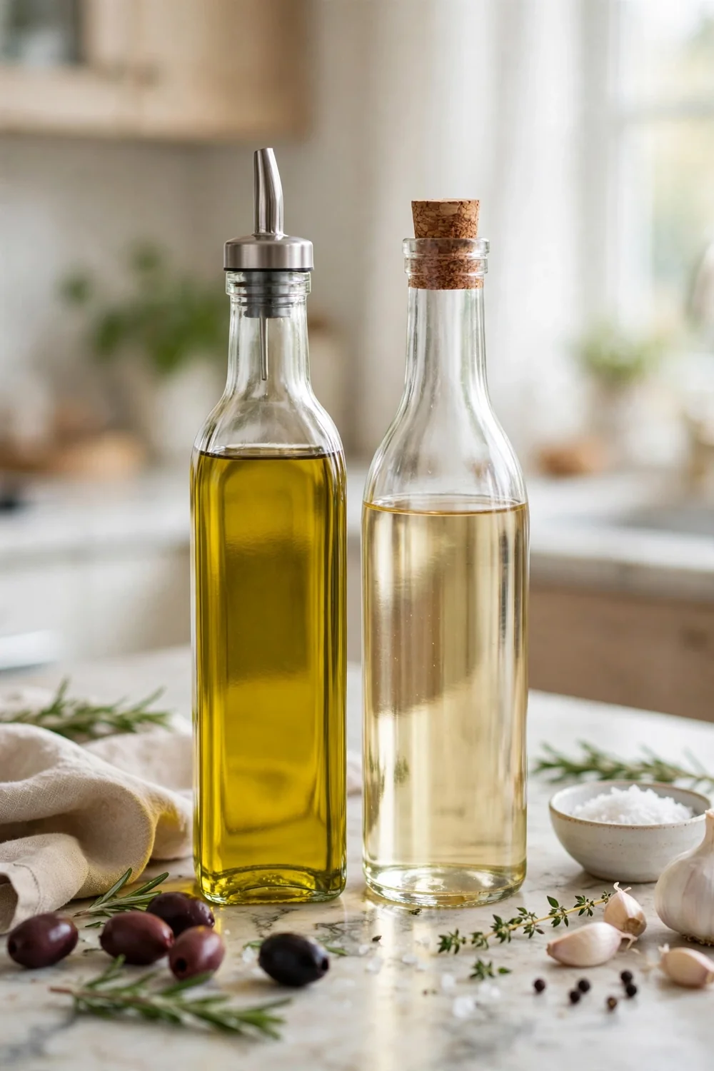 Oil and vinegar bottles at room temperature on a bright kitchen counter
