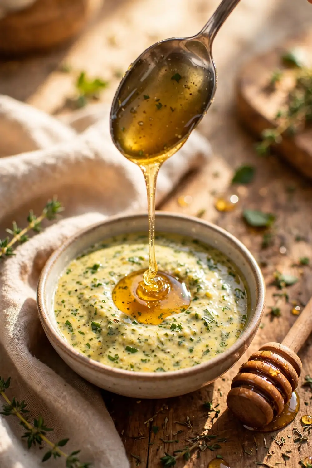 Honey drizzling from a spoon into a small bowl of dressing