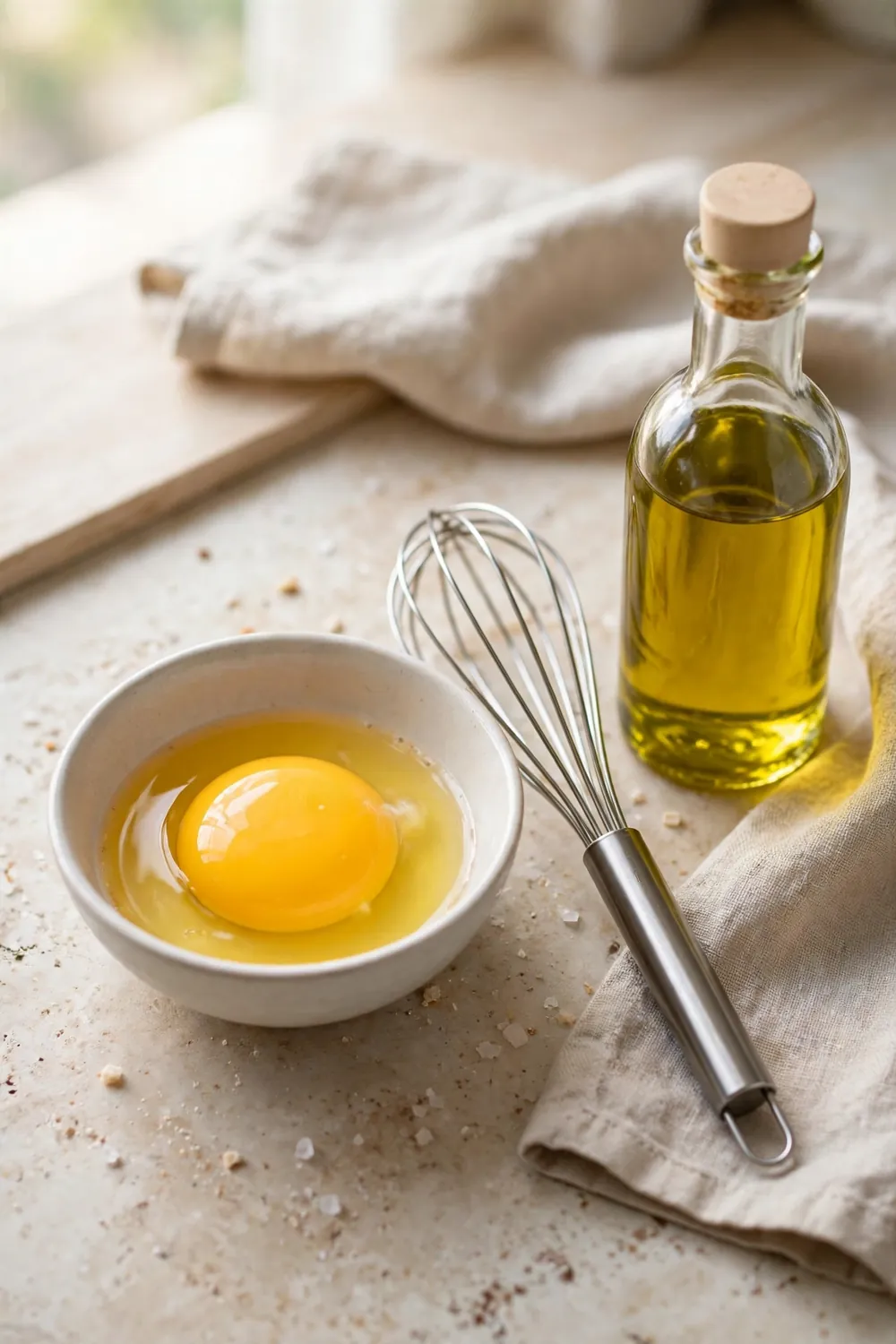 Fresh egg yolk in a small bowl beside a whisk and oil bottle