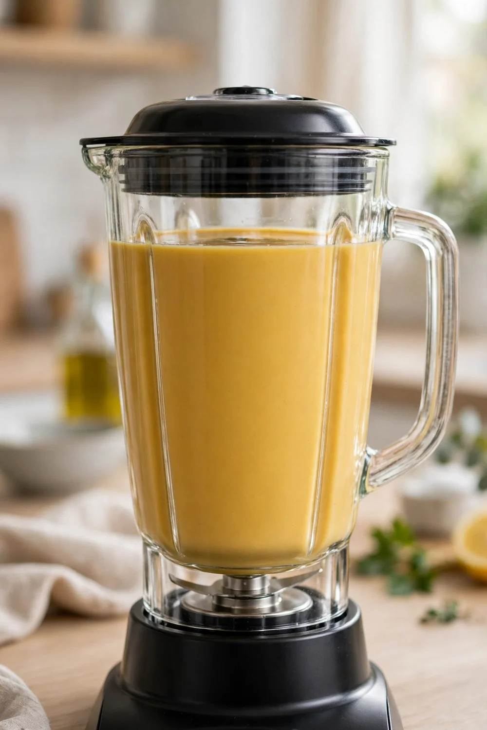 Blender jar filled with smooth golden salad dressing on a counter