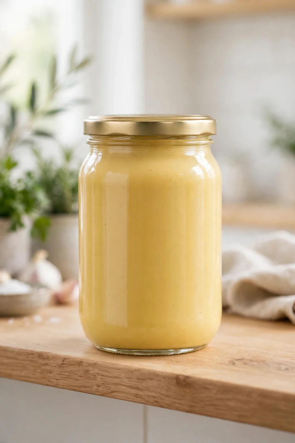 Glass jar of smooth dressing sealed and stored in a bright kitchen