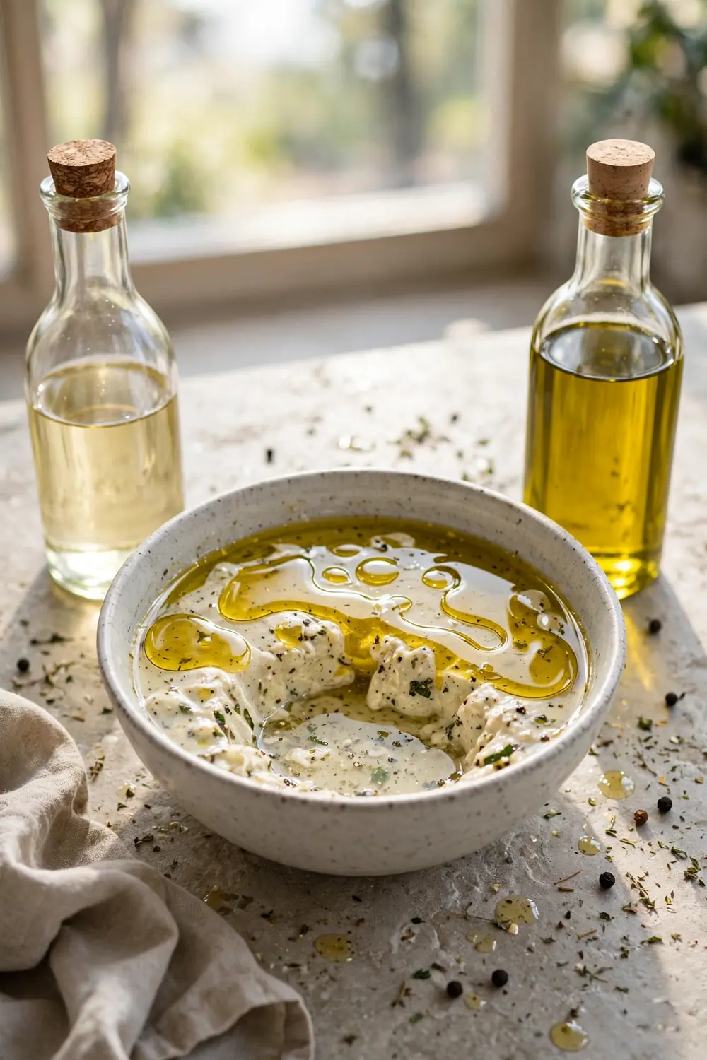 Split dressing in a bowl beside oil and vinegar bottles on a counter