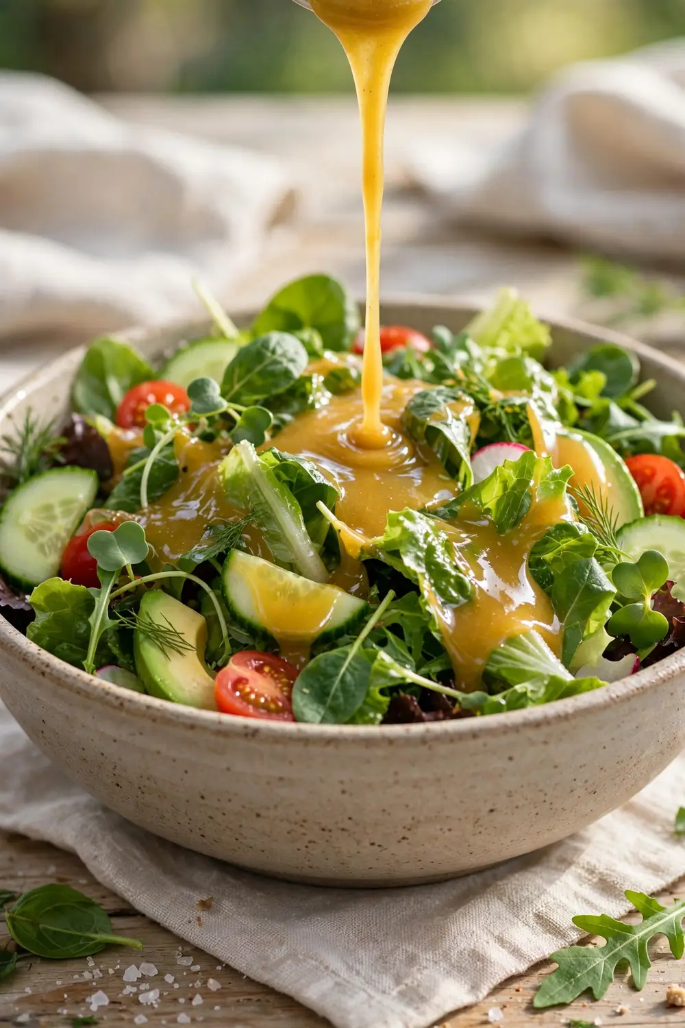 Golden smooth dressing drizzled over a fresh green salad in a bowl