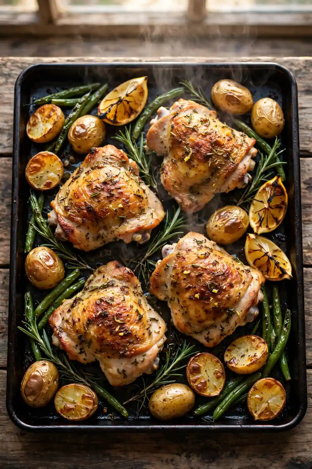 Lemon herb chicken thighs with potatoes and green beans, a classic sheet pan dinner