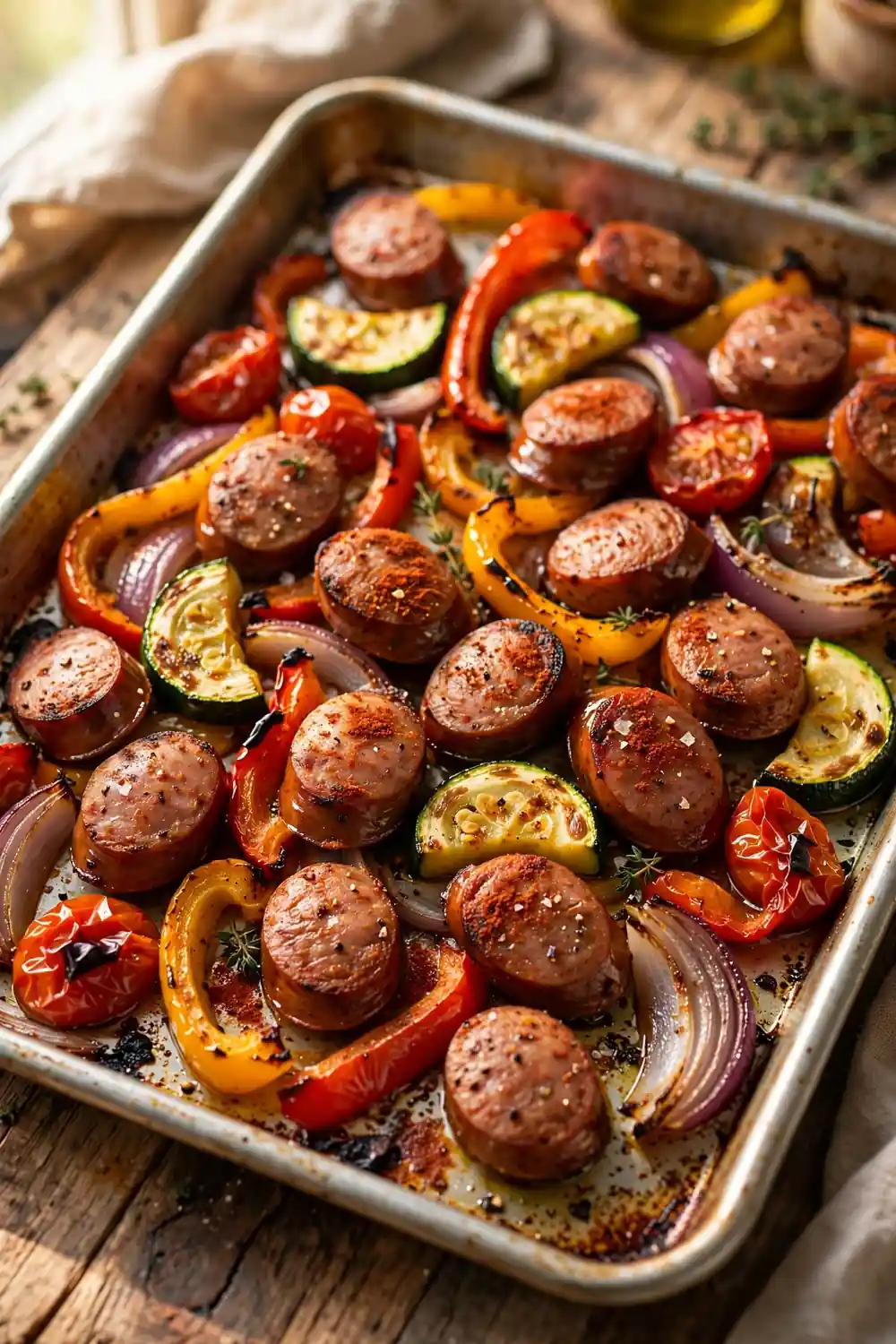 Smoked sausage with roasted bell peppers and zucchini, an easy sheet pan dinner