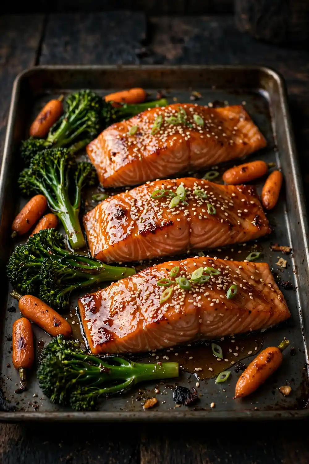 Honey glazed salmon fillets with broccolini on a sheet pan dinner