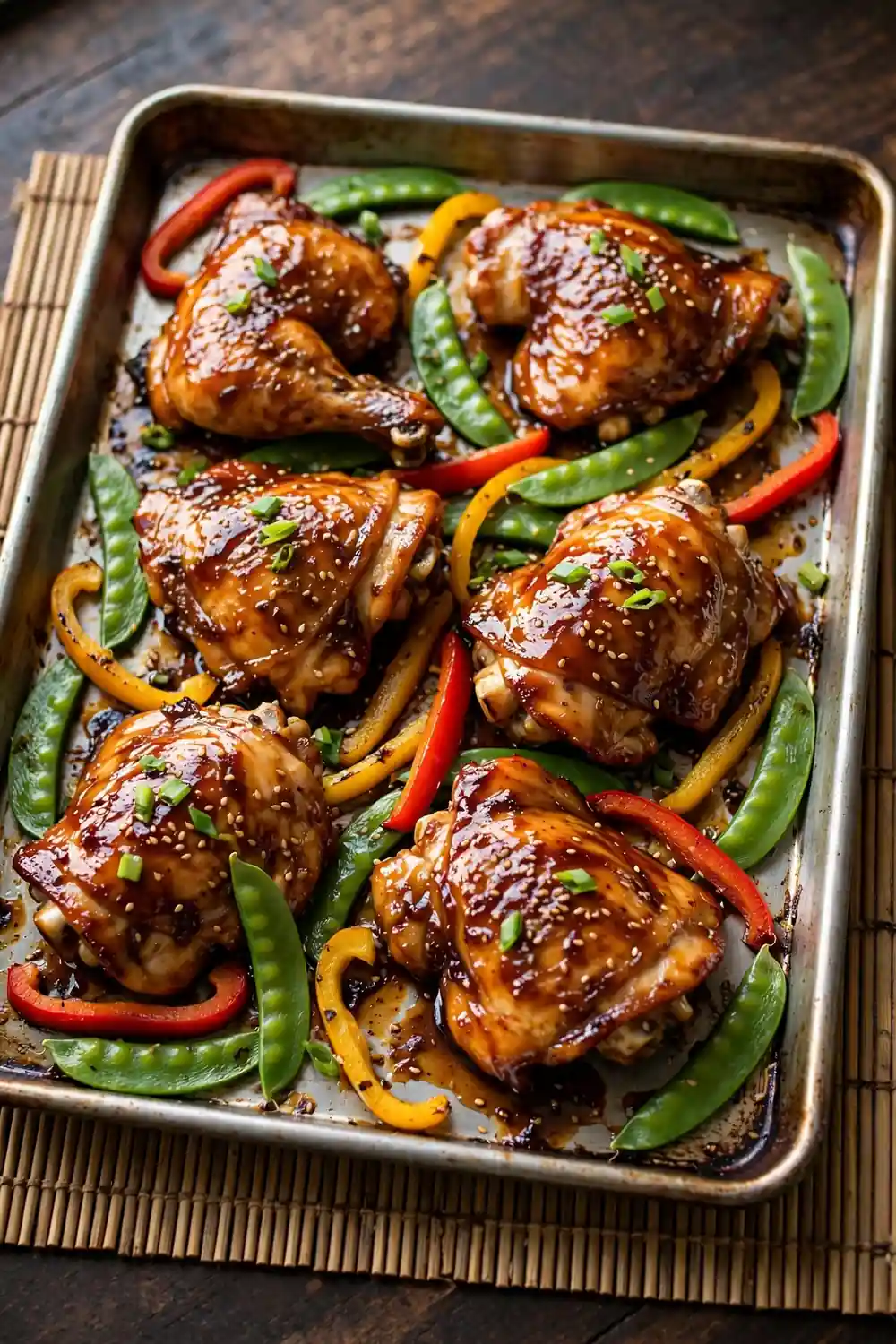Teriyaki glazed chicken thighs with snap peas, a flavorful sheet pan dinner