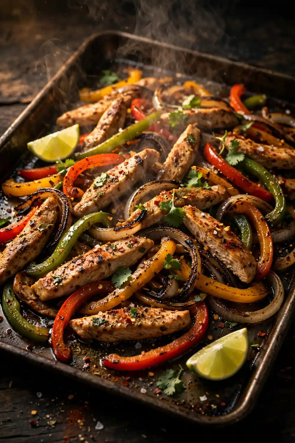 Sizzling chicken fajita strips with peppers and onions on a sheet pan dinner